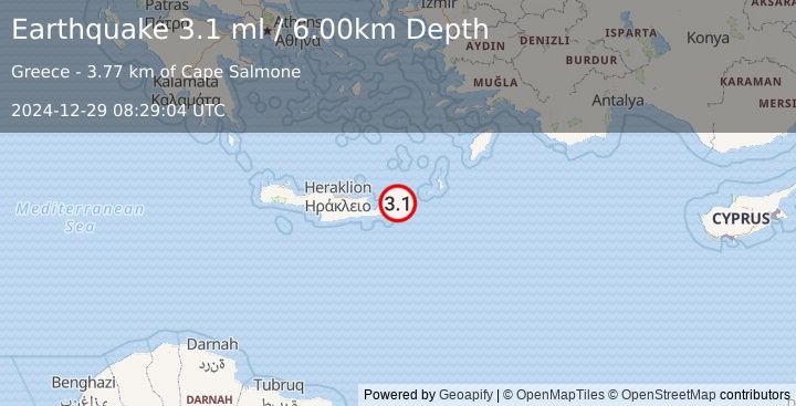 Earthquake CRETE, GREECE (3.1 ml) (2024-12-29 08:29:04 UTC)