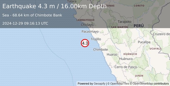 Earthquake OFF COAST OF NORTHERN PERU (4.3 m) (2024-12-29 09:16:13 UTC)