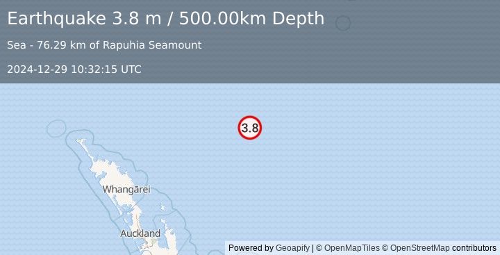 Earthquake SOUTH OF KERMADEC ISLANDS (3.8 m) (2024-12-29 10:32:15 UTC)