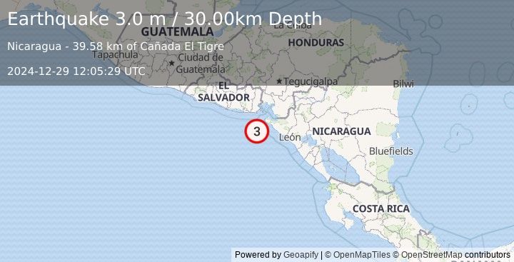 Earthquake NEAR COAST OF NICARAGUA (3.0 m) (2024-12-29 12:05:29 UTC)