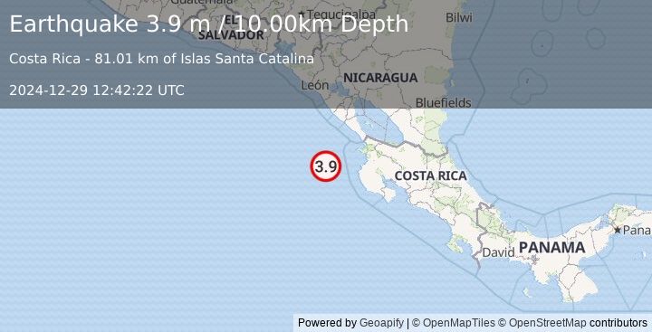 Earthquake OFF COAST OF COSTA RICA (3.9 m) (2024-12-29 12:42:22 UTC)