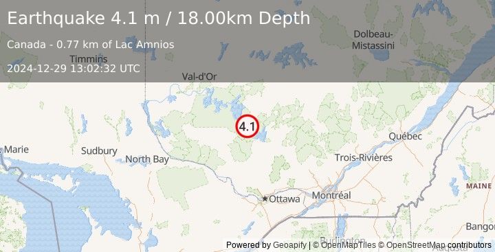 Earthquake SOUTHERN QUEBEC, CANADA (4.2 mb) (2024-12-29 13:02:31 UTC)