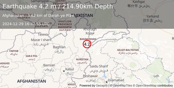 Earthquake HINDU KUSH REGION, AFGHANISTAN (4.2 m) (2024-12-29 16:47:55 UTC)