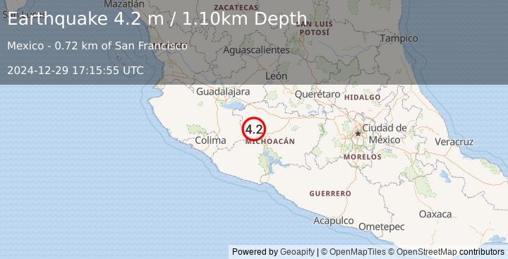 Earthquake MICHOACAN, MEXICO (4.2 m) (2024-12-29 17:15:55 UTC)