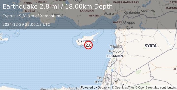 Earthquake CYPRUS REGION (2.8 ml) (2024-12-29 22:06:13 UTC)