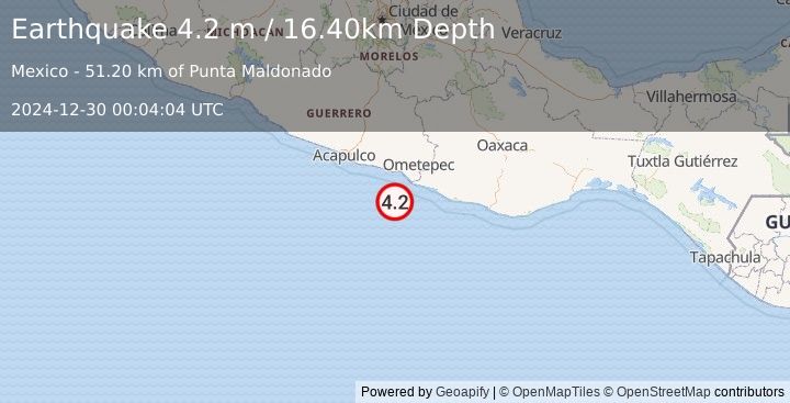 Earthquake OFFSHORE GUERRERO, MEXICO (4.2 m) (2024-12-30 00:04:04 UTC)