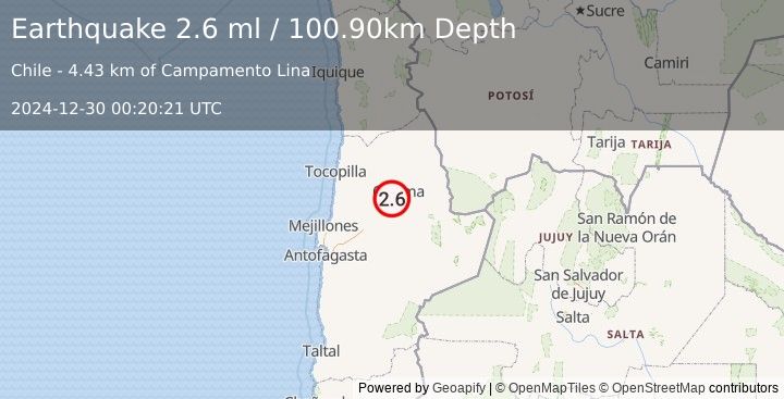 Earthquake ANTOFAGASTA, CHILE (2.6 ml) (2024-12-30 00:20:21 UTC)