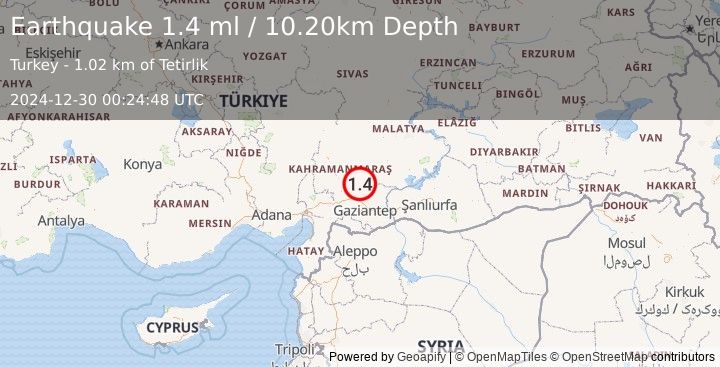 Earthquake CENTRAL TURKEY (1.4 ml) (2024-12-30 00:24:48 UTC)