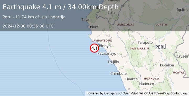 Earthquake NEAR COAST OF NORTHERN PERU (4.1 m) (2024-12-30 00:35:08 UTC)