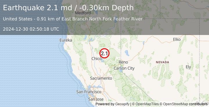 Earthquake NORTHERN CALIFORNIA (2.1 md) (2024-12-30 02:50:18 UTC)