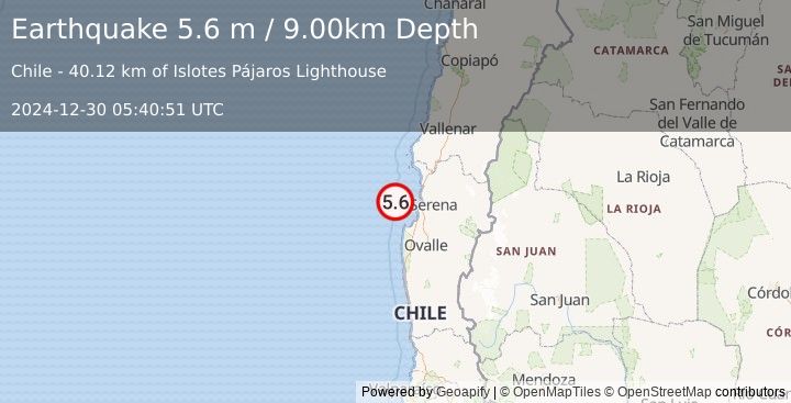 Earthquake OFFSHORE COQUIMBO, CHILE (5.5 mb) (2024-12-30 05:40:49 UTC)