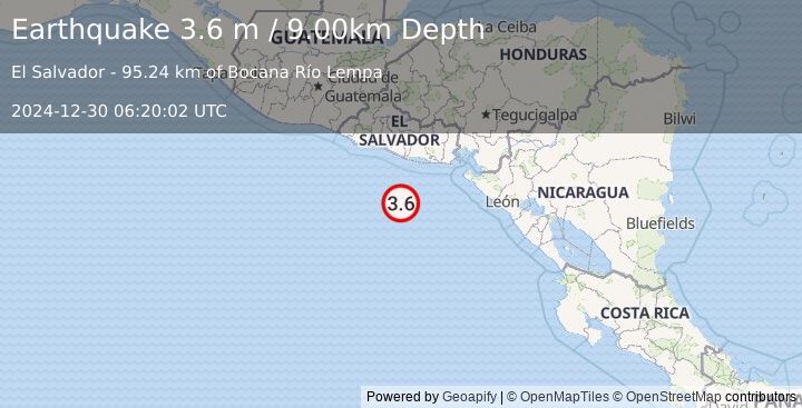 Earthquake OFFSHORE EL SALVADOR (3.6 m) (2024-12-30 06:20:02 UTC)