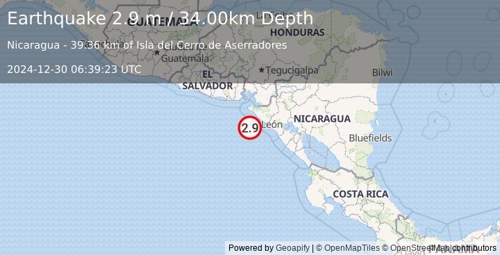 Earthquake NEAR COAST OF NICARAGUA (2.9 m) (2024-12-30 06:39:23 UTC)