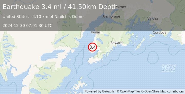 Earthquake KENAI PENINSULA, ALASKA (3.4 ml) (2024-12-30 07:01:30 UTC)