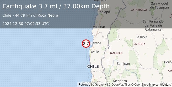 Earthquake OFFSHORE COQUIMBO, CHILE (3.7 ml) (2024-12-30 07:02:33 UTC)