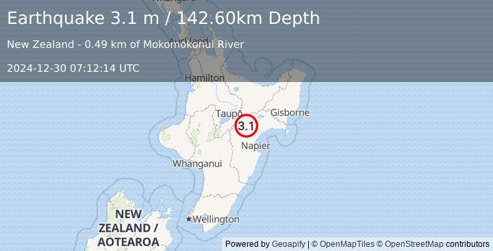 Earthquake NORTH ISLAND OF NEW ZEALAND (3.1 m) (2024-12-30 07:12:14 UTC)