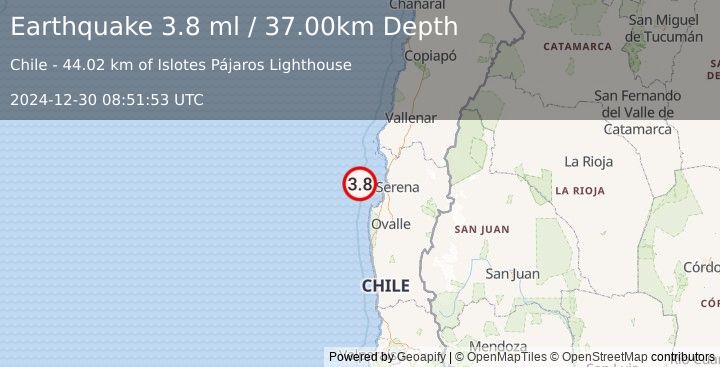 Earthquake OFFSHORE COQUIMBO, CHILE (3.8 ml) (2024-12-30 08:51:51 UTC)