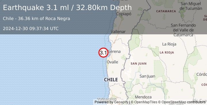 Earthquake OFFSHORE COQUIMBO, CHILE (3.1 ml) (2024-12-30 09:37:34 UTC)