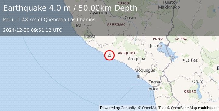 Earthquake NEAR COAST OF SOUTHERN PERU (4.0 m) (2024-12-30 09:51:12 UTC)