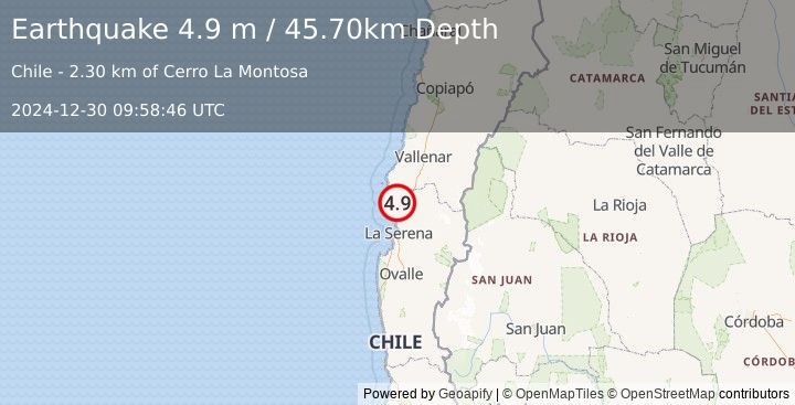 Earthquake COQUIMBO, CHILE (4.9 m) (2024-12-30 09:58:46 UTC)