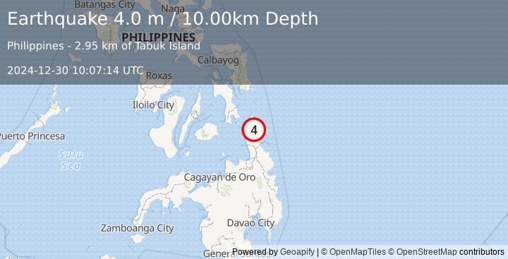 Earthquake MINDANAO, PHILIPPINES (4.0 m) (2024-12-30 10:07:14 UTC)