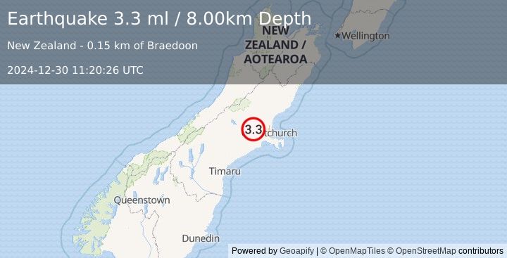 Earthquake SOUTH ISLAND OF NEW ZEALAND (3.3 ml) (2024-12-30 11:20:26 UTC)