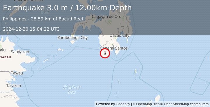 Earthquake MINDANAO, PHILIPPINES (3.0 m) (2024-12-30 15:04:22 UTC)