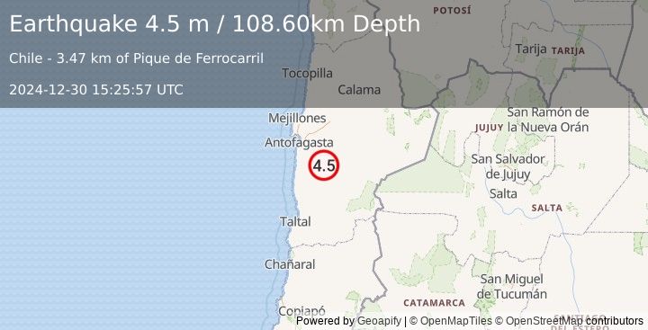 Earthquake ANTOFAGASTA, CHILE (4.6 m) (2024-12-30 15:25:58 UTC)