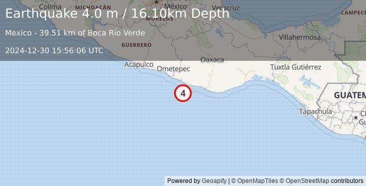 Earthquake OFFSHORE OAXACA, MEXICO (4.0 m) (2024-12-30 15:56:06 UTC)