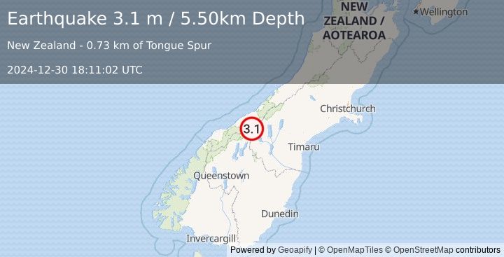 Earthquake SOUTH ISLAND OF NEW ZEALAND (3.1 m) (2024-12-30 18:11:02 UTC)