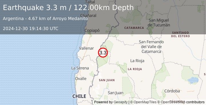 Earthquake SAN JUAN, ARGENTINA (3.3 ml) (2024-12-30 19:14:32 UTC)