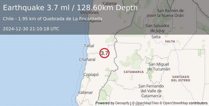 Earthquake ATACAMA, CHILE (3.8 ml) (2024-12-30 21:10:17 UTC)