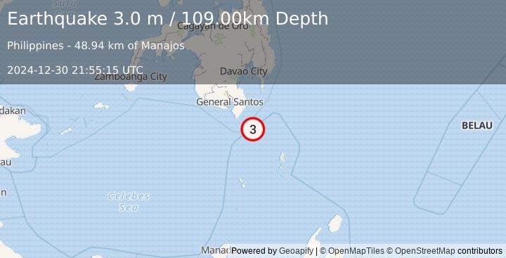 Earthquake MINDANAO, PHILIPPINES (3.0 m) (2024-12-30 21:55:15 UTC)