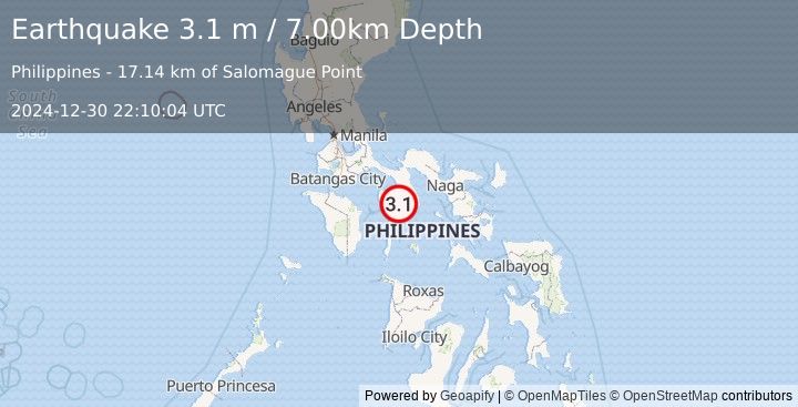 Earthquake LUZON, PHILIPPINES (3.1 m) (2024-12-30 22:10:04 UTC)