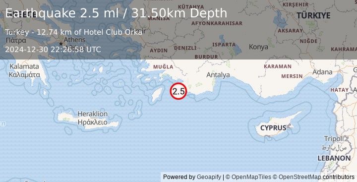 Earthquake DODECANESE IS.-TURKEY BORDER REG (2.5 ml) (2024-12-30 22:26:58 UTC)