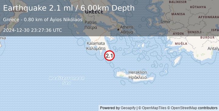 Earthquake SOUTHERN GREECE (2.1 ml) (2024-12-30 23:27:36 UTC)