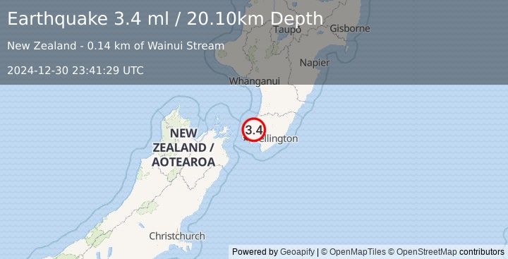 Earthquake NORTH ISLAND OF NEW ZEALAND (3.4 ml) (2024-12-30 23:41:29 UTC)