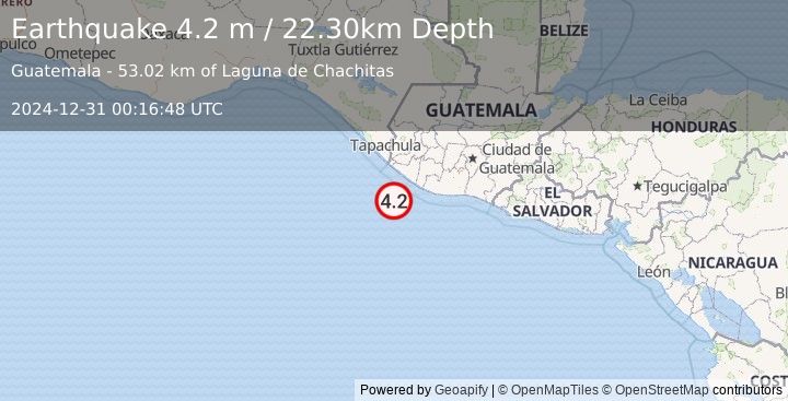 Earthquake OFFSHORE GUATEMALA (4.2 m) (2024-12-31 00:16:48 UTC)