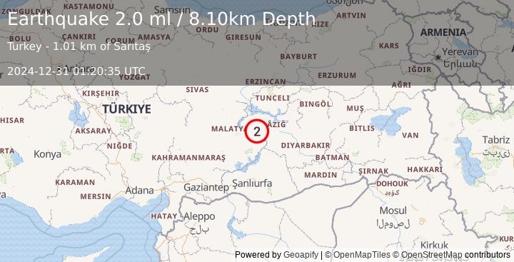 Earthquake EASTERN TURKEY (2.0 ml) (2024-12-31 01:20:35 UTC)