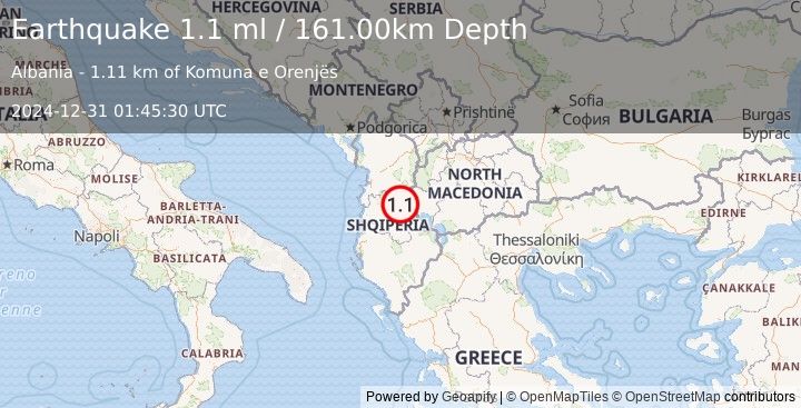 Earthquake ALBANIA (1.1 ml) (2024-12-31 01:45:30 UTC)