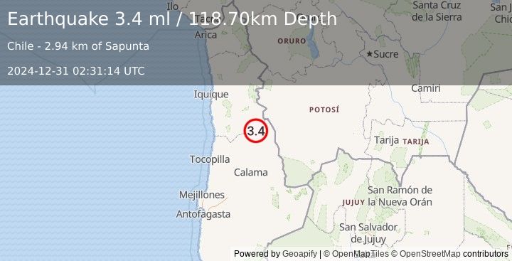 Earthquake ANTOFAGASTA, CHILE (3.4 ml) (2024-12-31 02:31:14 UTC)