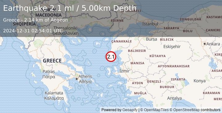 Earthquake NEAR THE COAST OF WESTERN TURKEY (2.1 ml) (2024-12-31 02:54:01 UTC)