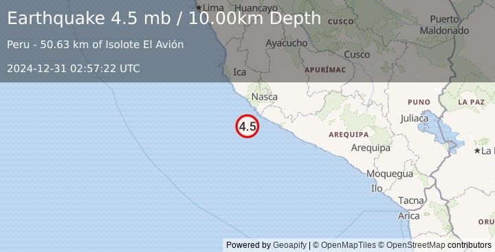 Earthquake NEAR COAST OF CENTRAL PERU (4.5 mb) (2024-12-31 02:57:22 UTC)