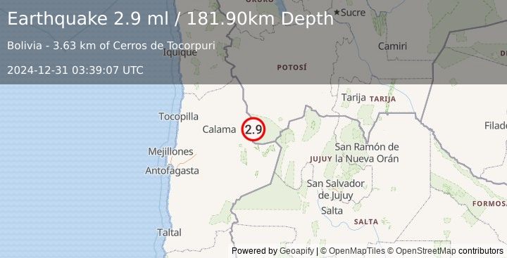 Earthquake POTOSI, BOLIVIA (2.9 ml) (2024-12-31 03:39:07 UTC)