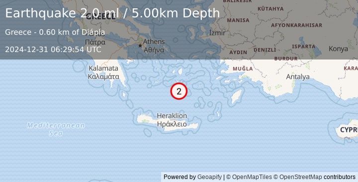 Earthquake DODECANESE ISLANDS, GREECE (2.0 ml) (2024-12-31 06:29:54 UTC)