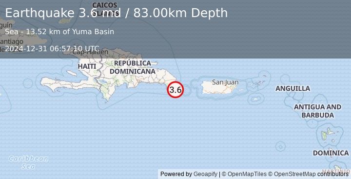 Earthquake MONA PASSAGE, DOMINICAN REPUBLIC (3.6 md) (2024-12-31 06:57:10 UTC)