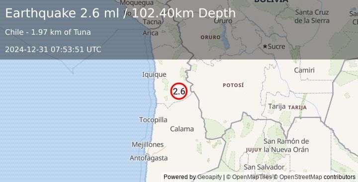 Earthquake TARAPACA, CHILE (2.6 ml) (2024-12-31 07:53:51 UTC)