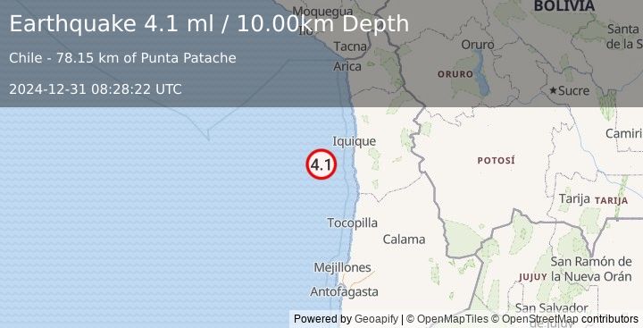 Earthquake OFFSHORE TARAPACA, CHILE (4.1 ml) (2024-12-31 08:28:22 UTC)