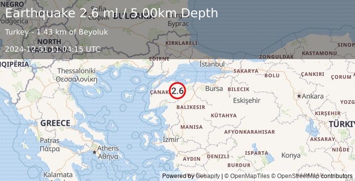 Earthquake WESTERN TURKEY (2.6 ml) (2024-12-31 11:04:15 UTC)