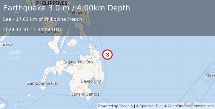 Earthquake MINDANAO, PHILIPPINES (3.0 m) (2024-12-31 11:30:54 UTC)